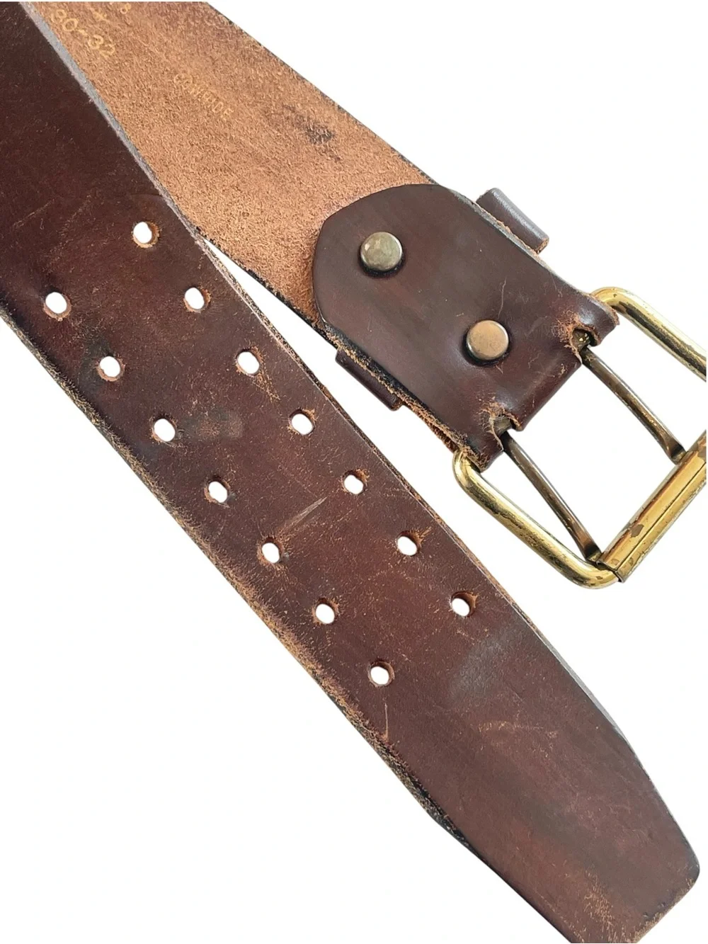 Vintage Brown Leather Double-Prong Belt Wide Waist Boho 90s Size S/M